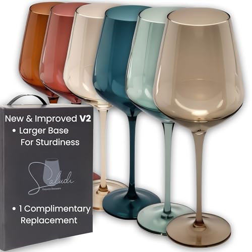 Saludi Colored Wine Glasses, 16.5oz (Set of 6) Stemmed Multi-Color Glass - Great for all Wine Types and Occasions - Luxury, Durable, Hand-Blown