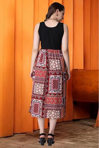 Image of POPWINGS Casual Boho Printed and Solid Peplum Dress for Women || Summer Dresses for Women || Sleeveless Women Dresses || Round-Neck Knee-Length Fit and Flare Stylish Dresses for Women