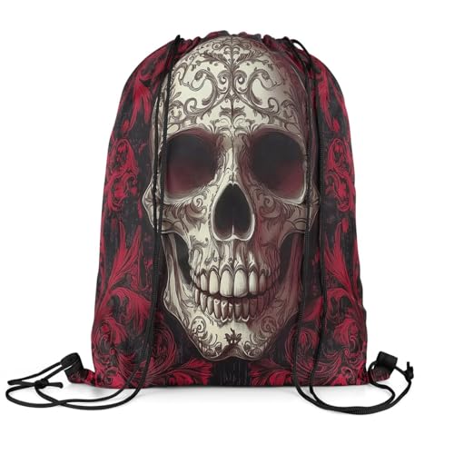 Image of jejeloiu Skull Skeleton Drawstring Backpack 13x15.7inch Goth Art Waterproof Gym Drawstring Bags Damask Print Sports String Backpack Beach Swim Travel Bag Sackpack