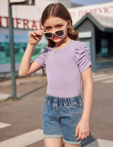 Image of Arshiner Girls Puff Short Sleeve Shirts Summer Ribbed Knit Crewneck T Shirt Tops Tee Blouse