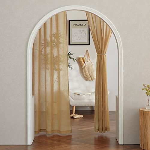 NICETOWN Sheer Linen Curtains 84 inch Long for Bedroom, Grommet Privacy Semitransparent Light Filtering Flax Sheer Window Treatment for Living Room, Desert Yellow, W52 by L84, 1 Pair