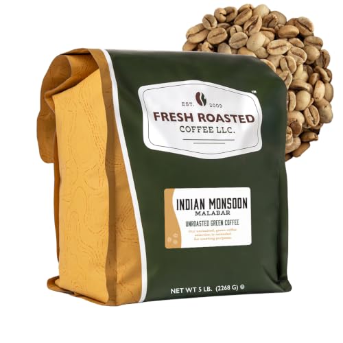 Fresh Roasted Coffee, Indian Monsoon Malabar Unroasted Green Coffee Beans for Home Roasting, Kosher, 5 lb (80 oz)