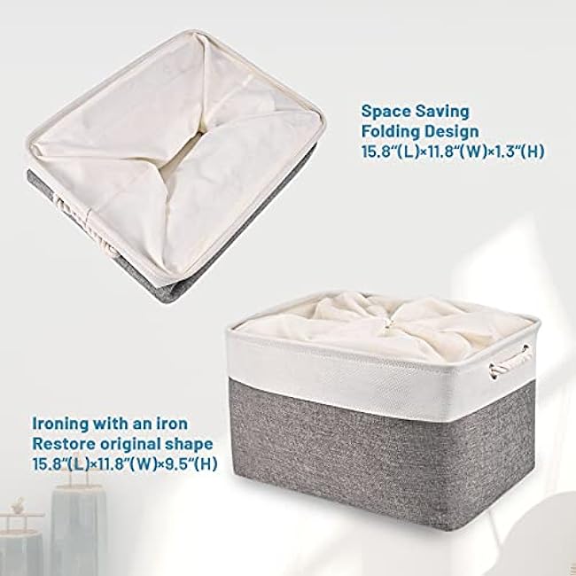HOdo Home 15.8¡Á11.8¡Á9.5 In/3PCS Storage Bins, Fabric Bin with Drawstring Closure and 2 Bold Handles, Collapsible Large Canvas Baskets for Organizing Shelf Nursery Home Closet (White and Grey)