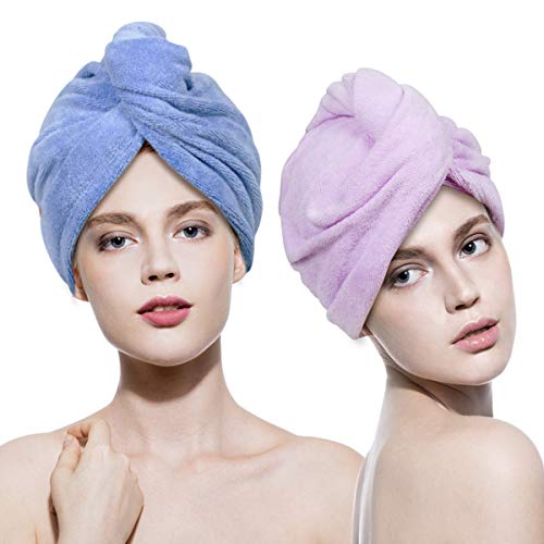 Lovife 2 Pack Hair Towel Wrap Turban Microfiber Head Drying Towels Quick Dry Magic Hat with Button Shower Wrapped Cap Long Curly Hair Anti-Frizz (Purple and Blue)
