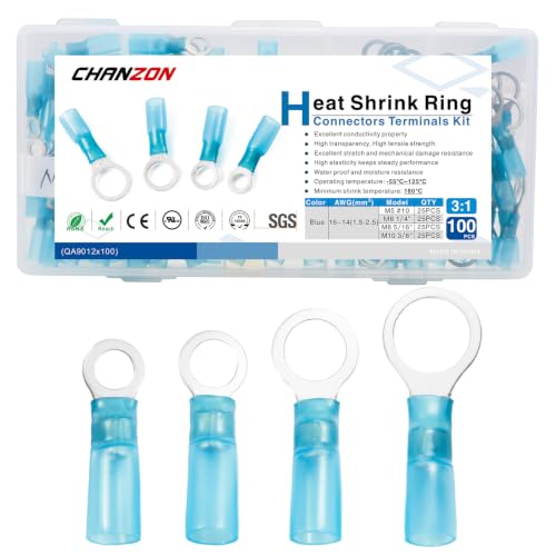 Chanzon 120pcs Heat Shrink Ring #10 M5 M6 M8 M10 16-14AWG Terminal Kit Blue