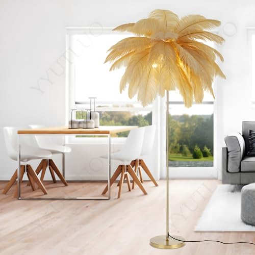 YYUTLUO Lampe À Plumes Moderne, Lampadaire En Plumes D'Autruche Naturelles, Hauteur 160cm, Poteau Et Base Dorés, 3 Températures De Couleur, Ampoules LED G4,...