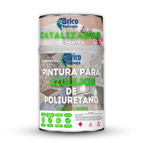 BRICOSALVAJE PREMIUM Pintura para Azulejos de Poliuretano SATINADO| Dos Componentes 700+170 ML | Fácil Aplicación |Máxima adherencia (Blanco Satinado)