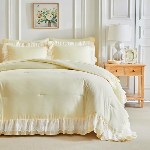 Joyreap Queen Size Comforter Set Yellow 3pcs Lace Ruffled Bedding Comforter Set Microfiber Vintage Boho Chic Bedding Set for All Season- 88x88 inches