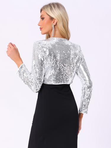 Image of Allegra K Sequin Bolero Shrugs for Women's Slim Fit Christmas Party Club Collarless Sparkly Crop Jackets