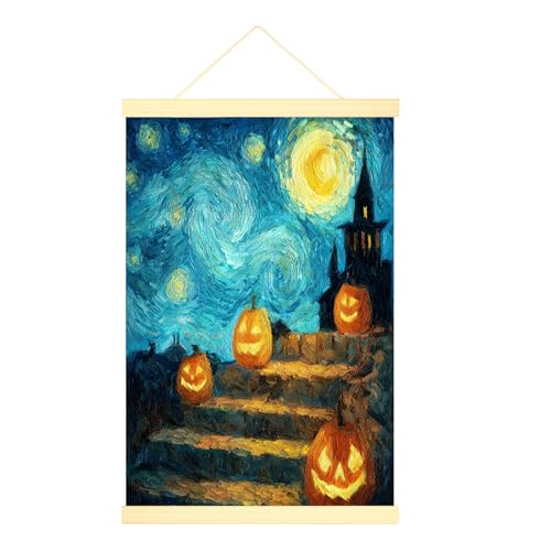 Póster colgante de lienzo de calabaza, arte de pared, diseño de escaleras de Halloween, luna, Halloween, naranja, póster de pared colgante con marco, decoración del hogar, dormitorio, sala de estar