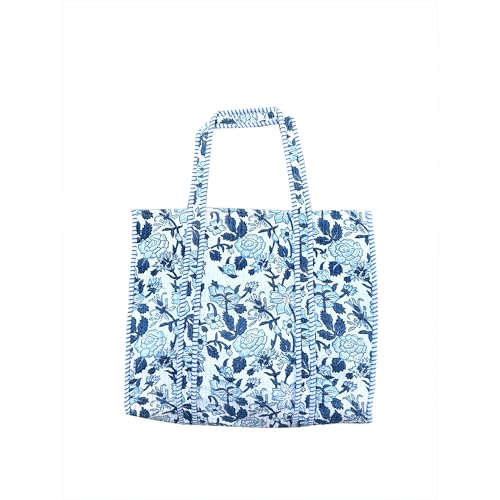 Image of Quilted Cotton Handprinted Reversible Large multicolor Floral Tote Bag,Hand Block Print Shopping Shoulder Carry Bag