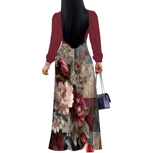 Image of Women's Plus Size Maxi Dresses Long Sleeves V Neck Floral Print Bohemian Swing Long Dress with Belt
