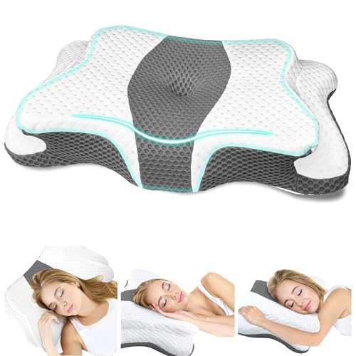 CHxxy Memory Foam Pillows, Cervical Pillow for Neck and Shoulder Pain Relief, Ergonomic Contour Bed Pillow, Soft for Side Sleep Stomach Sleeping and Back Sleeper-Queen Size&Grey