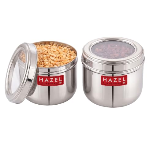 Image of HAZEL 1000ml Steel Container, Set of 2 | Transparent Lid Kitchen Jar