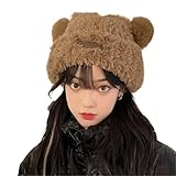 ANKOMINA Cute Plush Bear Ear Beanie Hats for Women Girls Winter Warm Faux Fur Knitted Skull Caps Bucket Hats Khaki