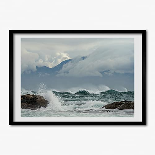 Peinture photo affiche mer agitée avec cadre moderne en bois MDF de 70x50 cm