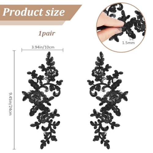 GORGECRAFT 3D Sequin Beads Embroidered Lace Applique Flowers Leaves Sew on Trim Patches Glitter Bead Floral Collar Fabric Craft Decoration Patch for Sewing Wedding Clothes Dress Pants Jeans Bag Black - Image 2