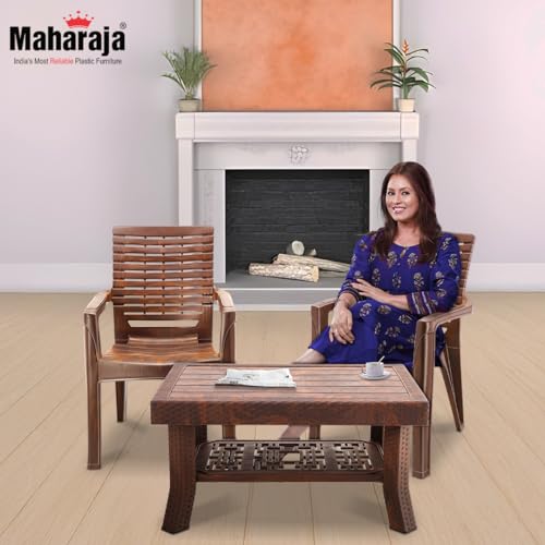 Image of MAHARAJA Heavy-Duty Plastic Chairs & Table | Set of Chairs with Elegant Table | Premium Design, Ideal for All Seasons (Teakwood, 2 Chair+1 Table)