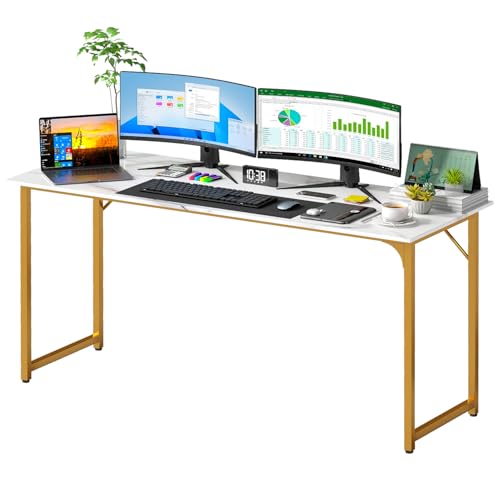Image of PayLessHere | 63 Inch Computer Desk | White Gold | Office Desk with Metal Frame, Adjustable Feet | Water-Resistant, Scratchproof Surface | Sturdy Writing Table for Home Office or Study | Pack of 1