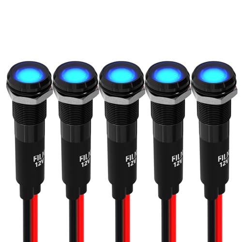 FILN 5個8mm 12-24V 表示灯LEDライト、車内用小型LEDライト、防水信号ランプ パイロットダッシュ方向指示灯 トラック・ボート用 配線付き-亜鉛アルミニウム合金（青）