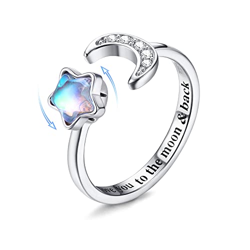 MILACOLATO Bague Anti Stress Pour Femme Fille En Argent Sterling 925 Ouvert Réglable Pierre De Lune Anxiété Anneaux CZ Lune Étoile Spinner Bague Lettrage Promise Fidget Bague Avec Coffret Cadeau