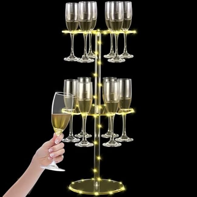 2 Tier Champagne Stand Holder for Party with 12 Slots LED Lights Acrylic Champagne Glass Flute Holder Tabletop Stemware Rack Cocktail Tree Stand for Wedding Storage Display (Warm White Light)