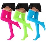 Benefeet Sox Womens Stockings Hot Pink Green Stockings Opaque Thigh High Stockings Royal Blue Silky Sexy Nylon Stockings for Women Sheer Stay Up Lingerie Stockings Solid Colored Tights, 3 Pack-Neon