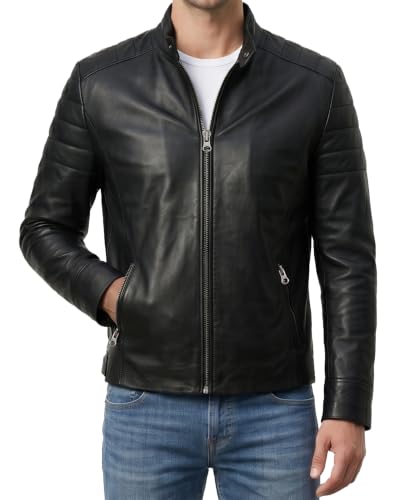 Image of Blingsoul Stylish Black & Brown Cafe Racer Leather Jacket For Men - Real Lambskin Leather Motorcycle Jacket Mens