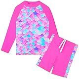 HUAANIUE Mädchen Kinder 2-Teiliger Badeanzug Anti-UV UPF 50+ Kinder Mädchen Strand Badeanzug mit Langen Ärmeln 3-12 Jahre (S491-Pink Schuppen, 4-5 Jahre)