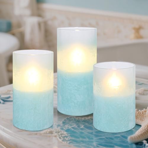 Image of Glass Flameless Candles with Timer, Battery Operated Flickering Led Pillar Candles, Turquoise Candles for Home Decorations, Centerpiece, Nautical Theme Party