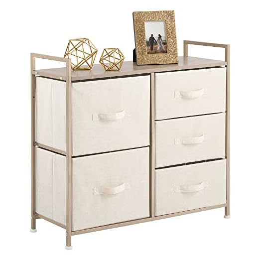 mDesign Storage Dresser Furniture Unit - Large Standing Organizer Chest for Bedroom, Office, Living Room, and Closet - 5 Drawer Removable Fabric Bins - Cream/Gold