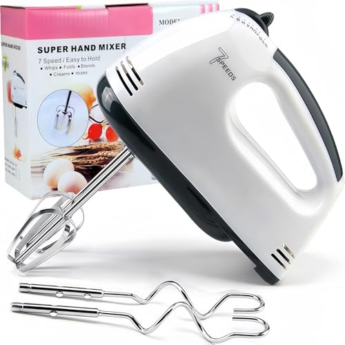 Elektrischer Handmixer,Handrührer Mixer,Handrührgerät,Hand Mixers,Elektrischer Handmischer,Enthalten 2 Rührbesen,2 Edelstahl-Knethaken,1 Schneebesen für Kuchen-Kekse-Creme,7 StuFen