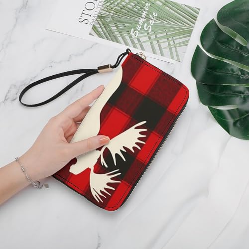 Moose Silhouette Buffalo Plaid Check Clutch Wallet Wristlet Long Handbag PU Leather with Card Slots Cash Coin Pocket for Women Men4