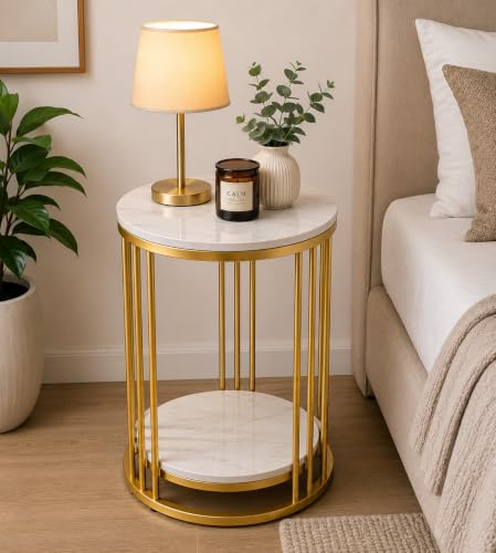 Roldo Round Side Table with Marble Finish Engineered Wood Top, Mo...