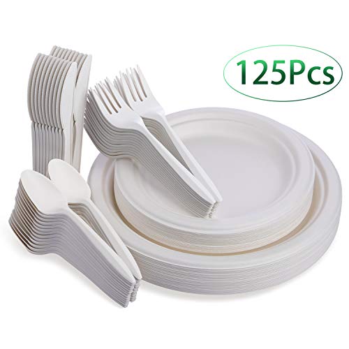 Fuyit 125pcs Disposable Tableware Set, Compostable and Biodegradable Sugarcane Bagasse Eco-Friendly Dinnerware Kits Includes 7&9inch Paper Plates, Forks, Knives and Spoons for Party, Camping, Picnic