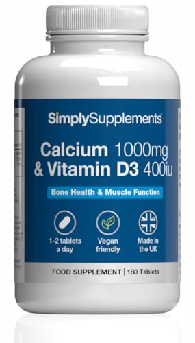 Calcium 1000mg & Vitamin D3 400iu | Supports Bone & Teeth Health | Contributes to Normal Muscle Function | Vegan & Vegetarian Friendly | 180 Tablets = 3 Months’ Supply | GMP-Certified & UK-Made