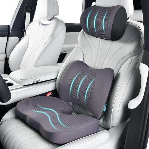 Image of FLORICH 3 PCS Seat Cushion for Carseat Lumbar Support Pillow Car Neck Headrest Pillows Memory Foam Gel Memory Foam Massage Point Seat Pads Pressure Relief Back Cushion for Office Chair(Light Grey)