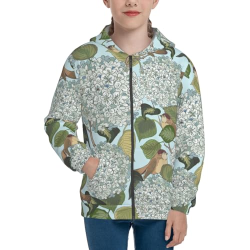 Hydrangea and Small Bird Kids Pullover Hoodies Boys Zip Up Sweatshirts Girls Athletic Clothes with Pocket3