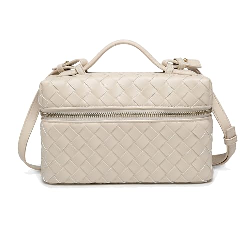 Image of Mini Woven Crossbody Purse Square Box Bags Top-Handle Tote Handbag Shoulder Bag Cute Satchels Trendy (Beige-B)