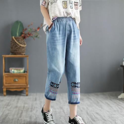 Womens Capri Pants Embroidered Jeans Wide Leg Baggy Jeans Drawstring Casual Trousers with Pockets Blue3