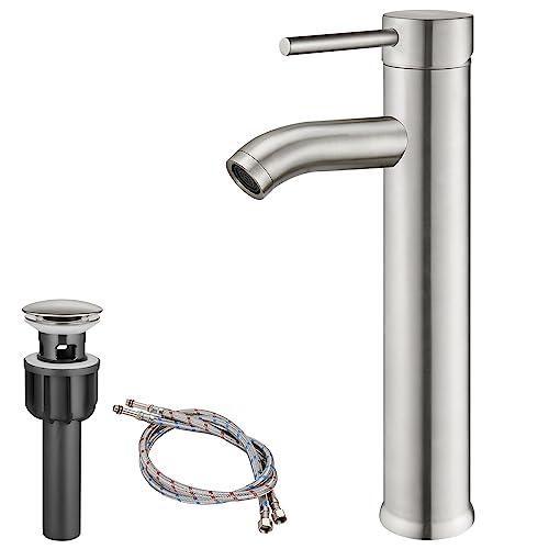 Heyalan Tall Bathroom Faucet,Brushed Nickel Bathroom Bowl Sink Faucet Vessel Sink Deck Mount Sus304 Stainless Steel Bowl Basin One Hole Single Handle Tall Spout Mixer Tap With Pop Up Drain #TOP21