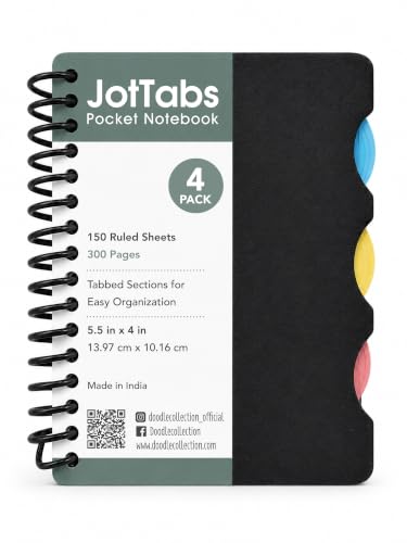 Image of DOODLE Set of 4 Pocket 5 Subject Notebooks | 300 Pages Each | Spiral Bound Mini Notebook with Color Indexed Tabs | Pocket Journal for School, College, Office & Note Taking