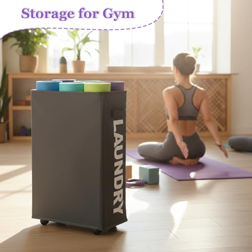 Image of 42L Narrow Rolling Laundry Basket, Slim Laundry Hamper with Wheels and Brake, Collapsible Skinny Laundry Cart for Dorm and Small Spaces, Dark Gray