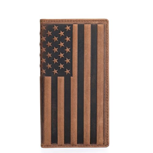 Leather Wallet for Men Embossed USA Flag Checkbook Cover Bi fold Long