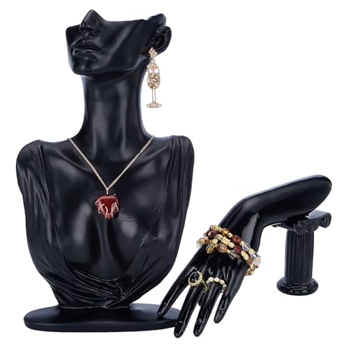 UNICRAFTALE Lot De 2 Présentoirs Bijoux Mannequin Modèle Corps Latéral Noir Résine Bustes Pour Colliers Supports Mains Afficher Bracelets Bagues Étalage Bijouterie Vitrine