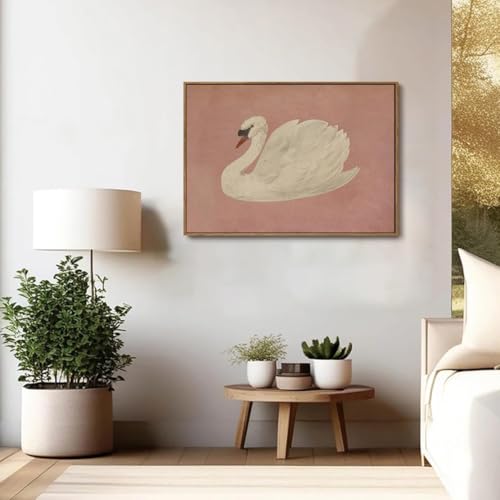 Image of KISSFOX Framed Wall Art Vintage Wall Decor Pink Swan Pictures Retro Animal Canvas Art Rustic Aesthetic Paintings Farmhouse Artwork For Bedroom Living Room Kitchen