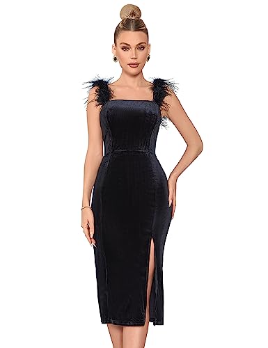 Amazon.com: Women's Feather Shoulder Strap Velvet Midi Dress Black Split  Bodycon Cocktail Wedding Party Dress,S : Clothing, Shoes & Jewelry