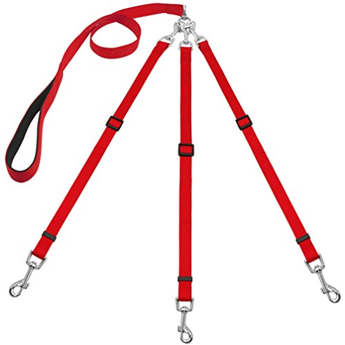 Kuntrona 3 Way Dog Leash Three Pet Leads No Tangle with Adjustable Detachable Coupler for One,Two,Three Samll Medium Large Dogs Red M