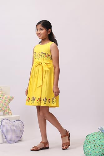 Image of Kids Girls Printed Embroidered Fusion Dress | Handmade Crafted Designer Ethnic Wear | 100% Cotton