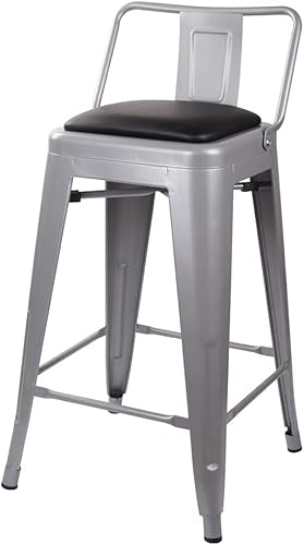 Vista 200 de GIA Taburete de metal con respaldo bajo de altura de mostrador de 24 pulgadas con asiento de cuero vegano, color plateado